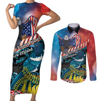 Personalised United States And New Zealand Couples Matching Short Sleeve Bodycon Dress and Long Sleeve Button Shirt USA Eagle With Kowhai Aotearoa Tui Bird