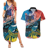 Personalised United States And New Zealand Couples Matching Summer Maxi Dress and Hawaiian Shirt USA Eagle With Kowhai Aotearoa Tui Bird