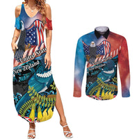 Personalised United States And New Zealand Couples Matching Summer Maxi Dress and Long Sleeve Button Shirt USA Eagle With Kowhai Aotearoa Tui Bird LT14 Blue - Polynesian Pride