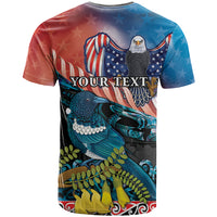 Personalised United States And New Zealand T Shirt USA Eagle With Kowhai Aotearoa Tui Bird