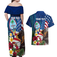 Personalised United States And Guam Couples Matching Off Shoulder Maxi Dress and Hawaiian Shirt USA Eagle With Guahan Seal Tropical Vibes