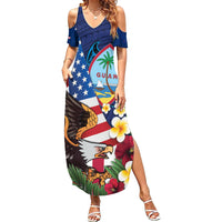 Personalised United States And Guam Summer Maxi Dress USA Eagle With Guahan Seal Tropical Vibes LT14 Women Blue - Polynesian Pride