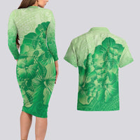Aloha Hawaii Molokai Island Couples Matching Long Sleeve Bodycon Dress and Hawaiian Shirt Hibiscus Tribal Honu Hawaiian Tattoo Green