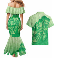 Aloha Hawaii Molokai Island Couples Matching Mermaid Dress and Hawaiian Shirt Hibiscus Tribal Honu Hawaiian Tattoo Green