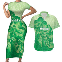 Aloha Hawaii Molokai Island Couples Matching Short Sleeve Bodycon Dress and Hawaiian Shirt Hibiscus Tribal Honu Hawaiian Tattoo Green