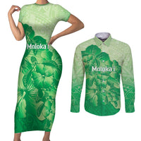 Aloha Hawaii Molokai Island Couples Matching Short Sleeve Bodycon Dress and Long Sleeve Button Shirt Hibiscus Tribal Honu Hawaiian Tattoo Green