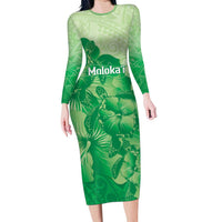 Aloha Hawaii Molokai Island Family Matching Long Sleeve Bodycon Dress and Hawaiian Shirt Hibiscus Tribal Honu Hawaiian Tattoo Green