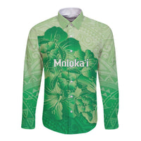 Aloha Hawaii Molokai Island Long Sleeve Button Shirt Hibiscus Tribal Honu Hawaiian Tattoo Green