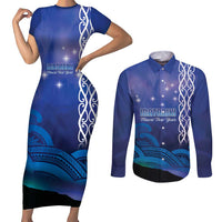 Personalised Matariki New Zealand Couples Matching Short Sleeve Bodycon Dress and Long Sleeve Button Shirt Maori New Year Galaxy Koru Pattern