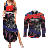 Philippines Sun Tattoo Couples Matching Summer Maxi Dress and Long Sleeve Button Shirt Feathers Filipinas Grunge Style Black LT14 Black - Polynesian Pride