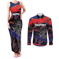Philippines Sun Tattoo Couples Matching Tank Maxi Dress and Long Sleeve Button Shirt Feathers Filipinas Grunge Style Black LT14 Black - Polynesian Pride