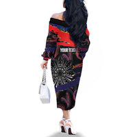 Philippines Sun Tattoo Family Matching Off The Shoulder Long Sleeve Dress and Hawaiian Shirt Feathers Filipinas Grunge Style Black