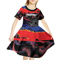 Philippines Sun Tattoo Kid Short Sleeve Dress Feathers Filipinas Grunge Style Black LT14 - Polynesian Pride