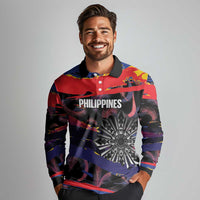 Philippines Sun Tattoo Long Sleeve Polo Shirt Feathers Filipinas Grunge Style Black LT14 - Polynesian Pride