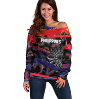 Philippines Sun Tattoo Off Shoulder Sweater Feathers Filipinas Grunge Style Black LT14 Women Black - Polynesian Pride