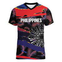 Philippines Sun Tattoo Women V-Neck T-Shirt Feathers Filipinas Grunge Style Black LT14 Female Black - Polynesian Pride