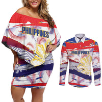 Philippines Sun Tattoo Couples Matching Off Shoulder Short Dress and Long Sleeve Button Shirt Feathers Filipinas Grunge Style White LT14 White - Polynesian Pride