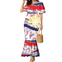 Philippines Sun Tattoo Family Matching Mermaid Dress and Hawaiian Shirt Feathers Filipinas Grunge Style White
