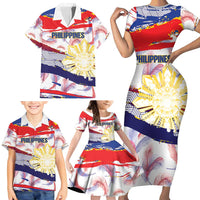 Philippines Sun Tattoo Family Matching Short Sleeve Bodycon Dress and Hawaiian Shirt Feathers Filipinas Grunge Style White
