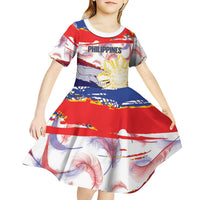 Philippines Sun Tattoo Kid Short Sleeve Dress Feathers Filipinas Grunge Style White LT14 - Polynesian Pride