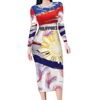 Philippines Sun Tattoo Long Sleeve Bodycon Dress Feathers Filipinas Grunge Style White LT14 Long Dress White - Polynesian Pride