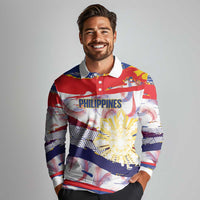 Philippines Sun Tattoo Long Sleeve Polo Shirt Feathers Filipinas Grunge Style White