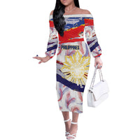 Philippines Sun Tattoo Off The Shoulder Long Sleeve Dress Feathers Filipinas Grunge Style White LT14 Women White - Polynesian Pride