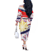 Philippines Sun Tattoo Off The Shoulder Long Sleeve Dress Feathers Filipinas Grunge Style White LT14 - Polynesian Pride