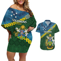 Personalised Solomon Islands Darts Couples Matching Off Shoulder Short Dress and Hawaiian Shirt Tropical Leaves Melanesian Pattern LT14 Green - Polynesian Pride