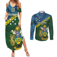 Personalised Solomon Islands Darts Couples Matching Summer Maxi Dress and Long Sleeve Button Shirt Tropical Leaves Melanesian Pattern LT14 Green - Polynesian Pride