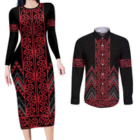 Red Aotearoa Mangopare Kowhaiwhai and Niho Taniwha Couples Matching Long Sleeve Bodycon Dress and Long Sleeve Button Shirt Maori New Zealand