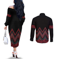 Red Aotearoa Mangopare Kowhaiwhai and Niho Taniwha Couples Matching Off The Shoulder Long Sleeve Dress and Long Sleeve Button Shirt Maori New Zealand