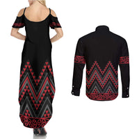 Red Aotearoa Mangopare Kowhaiwhai and Niho Taniwha Couples Matching Summer Maxi Dress and Long Sleeve Button Shirt Maori New Zealand