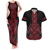 Red Aotearoa Mangopare Kowhaiwhai and Niho Taniwha Couples Matching Tank Maxi Dress and Hawaiian Shirt Maori New Zealand