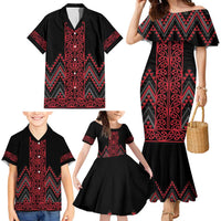 Red Aotearoa Mangopare Kowhaiwhai and Niho Taniwha Family Matching Mermaid Dress and Hawaiian Shirt Maori New Zealand