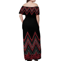 Red Aotearoa Mangopare Kowhaiwhai and Niho Taniwha Off Shoulder Maxi Dress Maori New Zealand