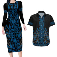 Blue Aotearoa Mangopare Kowhaiwhai and Niho Taniwha Couples Matching Long Sleeve Bodycon Dress and Hawaiian Shirt Maori New Zealand