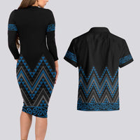 Blue Aotearoa Mangopare Kowhaiwhai and Niho Taniwha Couples Matching Long Sleeve Bodycon Dress and Hawaiian Shirt Maori New Zealand