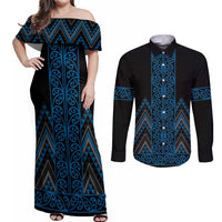 Blue Aotearoa Mangopare Kowhaiwhai and Niho Taniwha Couples Matching Off Shoulder Maxi Dress and Long Sleeve Button Shirt Maori New Zealand