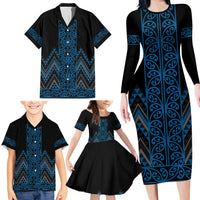 Blue Aotearoa Mangopare Kowhaiwhai and Niho Taniwha Family Matching Long Sleeve Bodycon Dress and Hawaiian Shirt Maori New Zealand