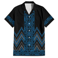 Blue Aotearoa Mangopare Kowhaiwhai and Niho Taniwha Family Matching Off The Shoulder Long Sleeve Dress and Hawaiian Shirt Maori New Zealand