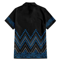 Blue Aotearoa Mangopare Kowhaiwhai and Niho Taniwha Family Matching Off The Shoulder Long Sleeve Dress and Hawaiian Shirt Maori New Zealand