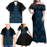 Blue Aotearoa Mangopare Kowhaiwhai and Niho Taniwha Family Matching Off Shoulder Maxi Dress and Hawaiian Shirt Maori New Zealand