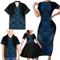 Blue Aotearoa Mangopare Kowhaiwhai and Niho Taniwha Family Matching Short Sleeve Bodycon Dress and Hawaiian Shirt Maori New Zealand