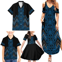 Blue Aotearoa Mangopare Kowhaiwhai and Niho Taniwha Family Matching Summer Maxi Dress and Hawaiian Shirt Maori New Zealand