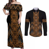 Gold Aotearoa Mangopare Kowhaiwhai and Niho Taniwha Couples Matching Off Shoulder Maxi Dress and Long Sleeve Button Shirt Maori New Zealand