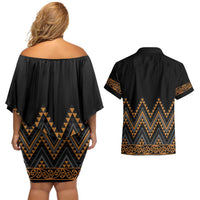 Gold Aotearoa Mangopare Kowhaiwhai and Niho Taniwha Couples Matching Off Shoulder Short Dress and Hawaiian Shirt Maori New Zealand