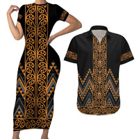 Gold Aotearoa Mangopare Kowhaiwhai and Niho Taniwha Couples Matching Short Sleeve Bodycon Dress and Hawaiian Shirt Maori New Zealand