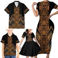 Gold Aotearoa Mangopare Kowhaiwhai and Niho Taniwha Family Matching Short Sleeve Bodycon Dress and Hawaiian Shirt Maori New Zealand