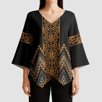 Gold Aotearoa Mangopare Kowhaiwhai Niho Taniwha Kimono Sleeve Blouse Maori New Zealand - Polynesian Pride